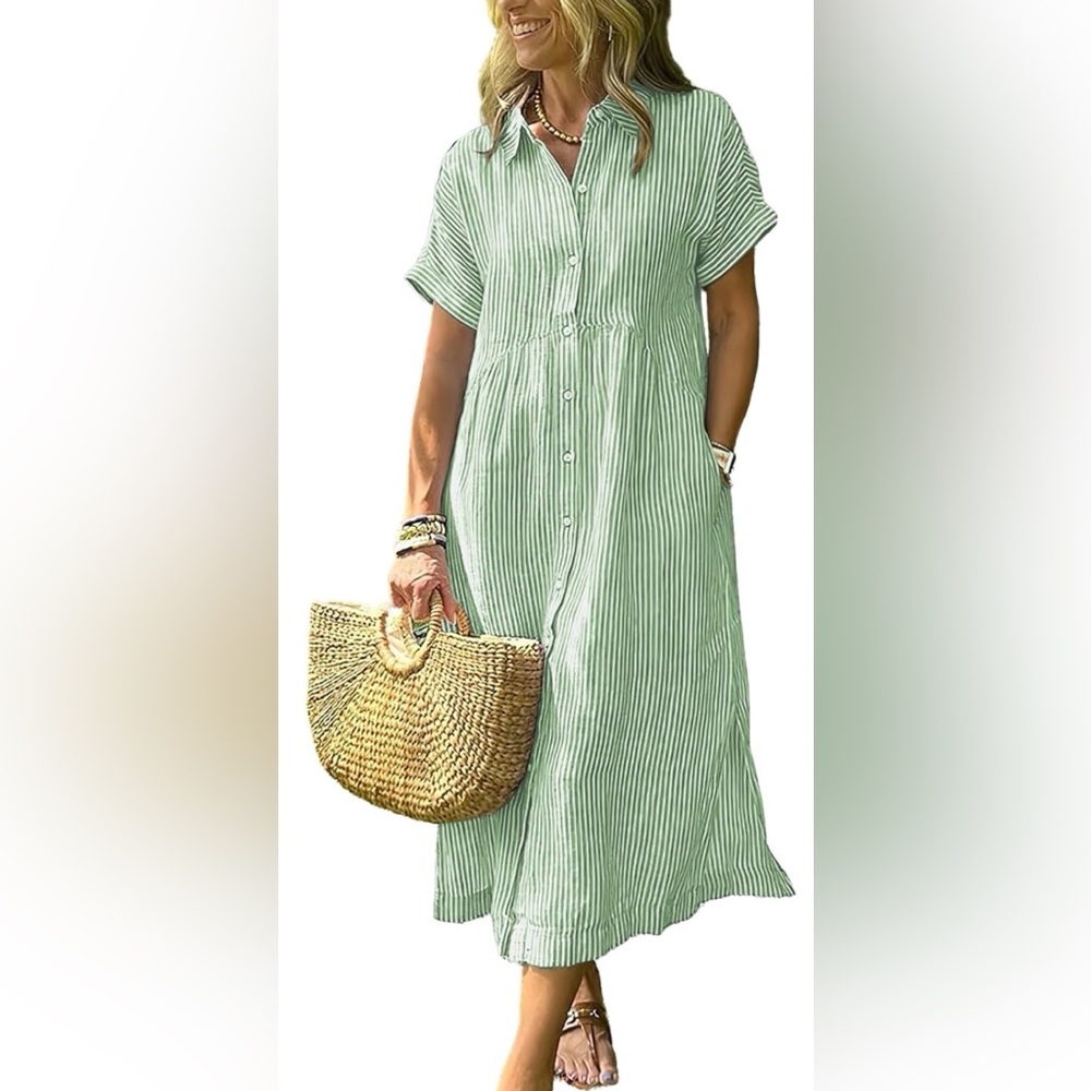 ebossy Boho Striped Button Up Side Slit Mid Long Cotton Shirt Dress with Pockets